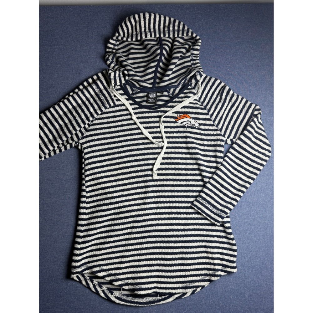 NFL Team Apparel Denver Broncos Striped Hoodie Navy White Women Small Pullover
